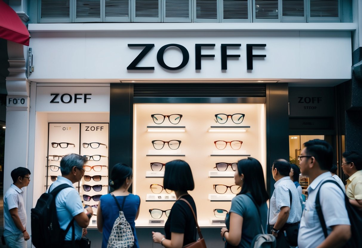 A bustling Singapore street with a prominent Zoff storefront, displaying stylish spectacles and lenses. Pedestrians stop to admire the promotional displays