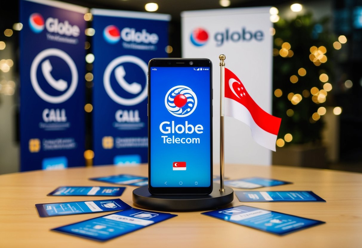 A phone with the Globe Telecom logo and a Singaporean flag, surrounded by call icons and promotional banners
