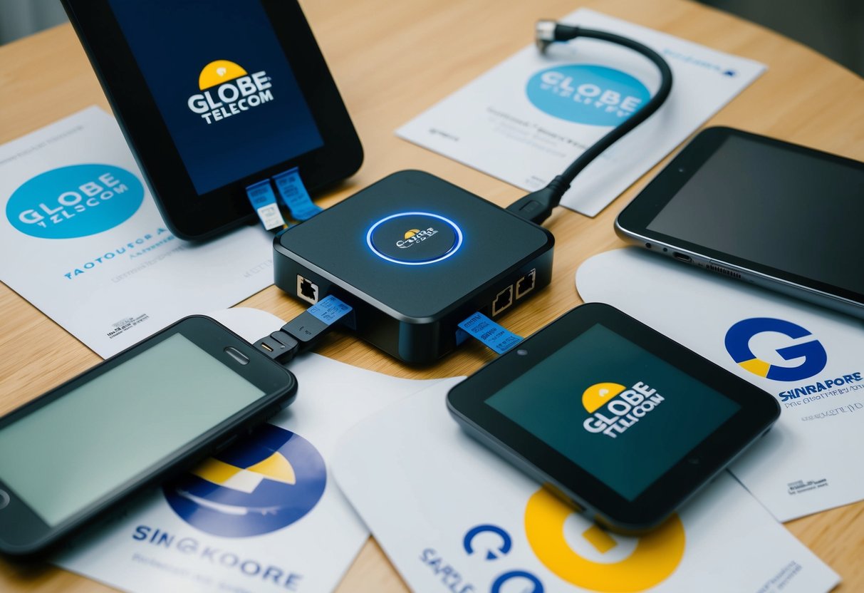 Four electronic devices connected to a central hub, surrounded by promotional materials for Globe Telecom in Singapore