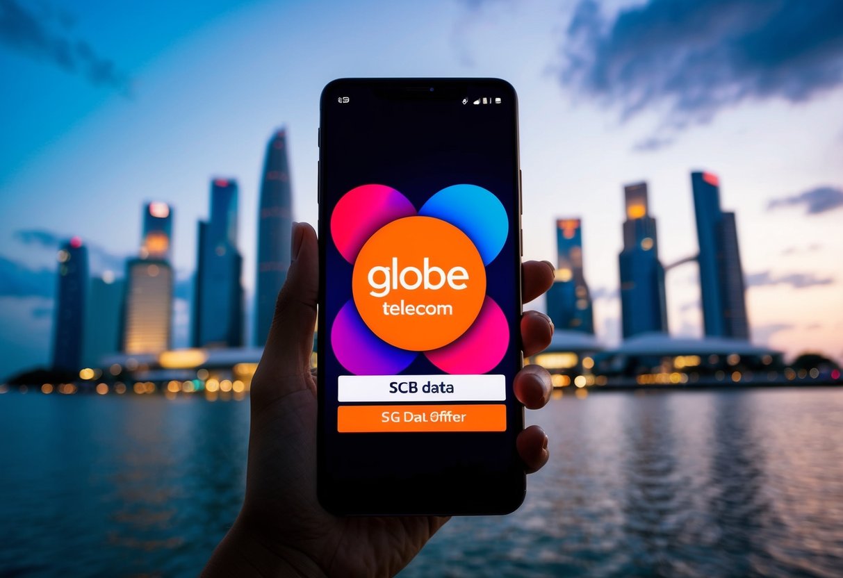 A smartphone with a Globe Telecom logo, surrounded by Singapore landmarks, with a 5GB data offer displayed on the screen