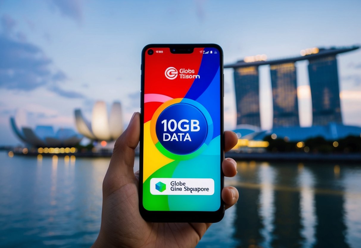 A smartphone with a Globe Telecom logo, 10GB data, and a Singapore landmark in the background