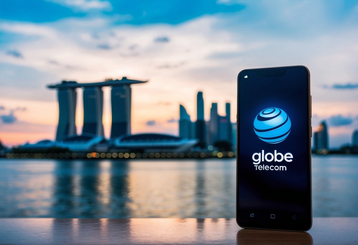 A smartphone with the Globe Telecom logo and a Singaporean landmark in the background