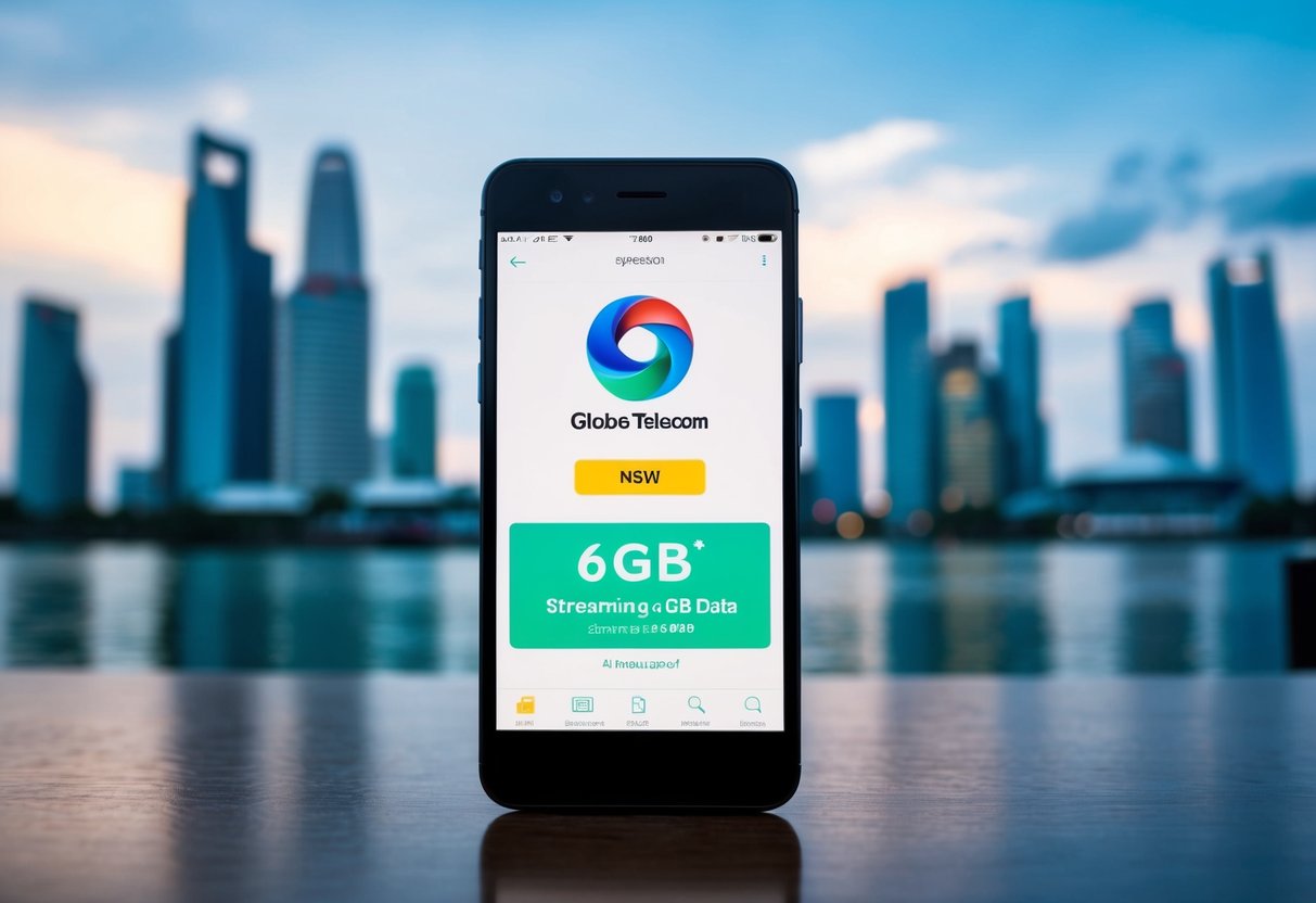 A smartphone with the Globe Telecom logo, showing a video streaming app with 6GB data promotion, set against a Singapore cityscape