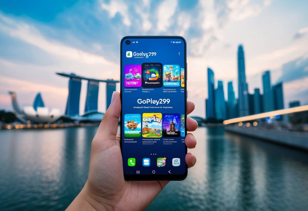 A smartphone displaying gaming apps with the GoPLAY299 promotion, surrounded by Singaporean landmarks