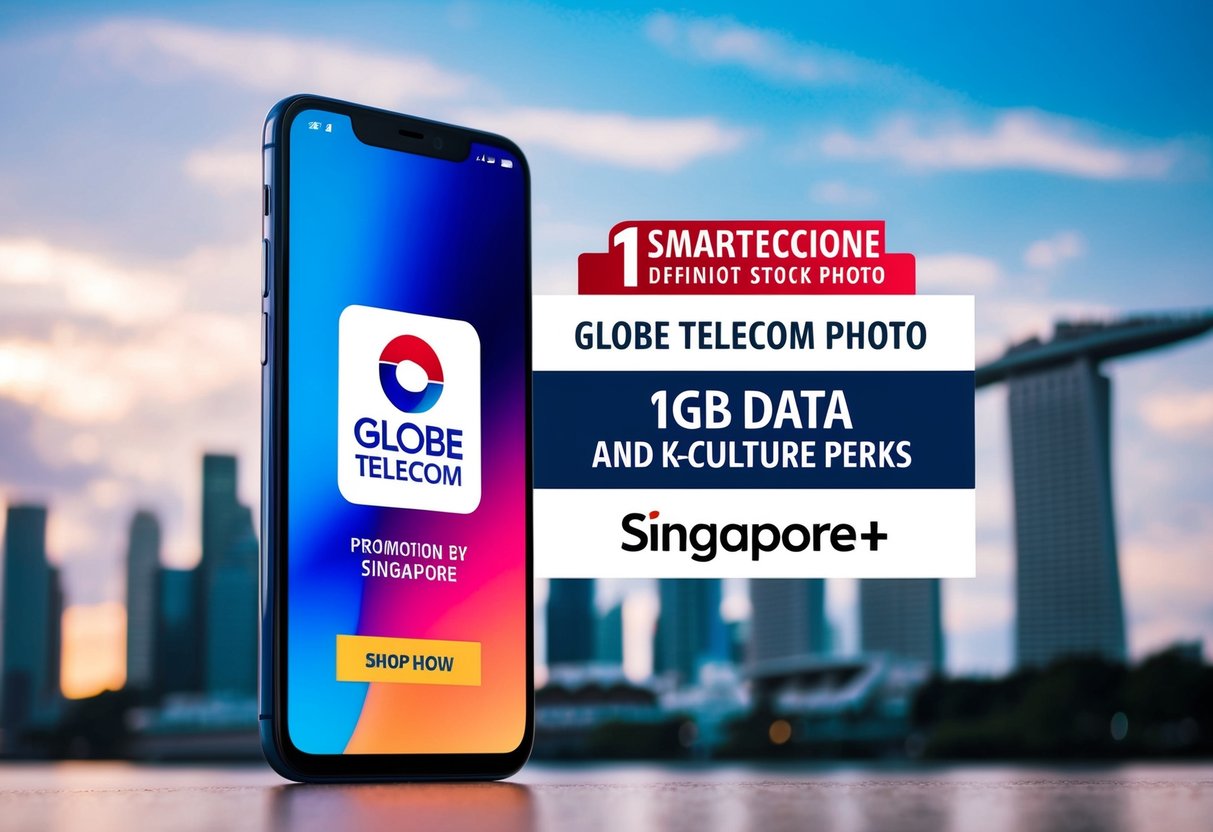 A smartphone with a Globe Telecom promotion for 1GB data and K-culture perks, with a backdrop of Singapore
