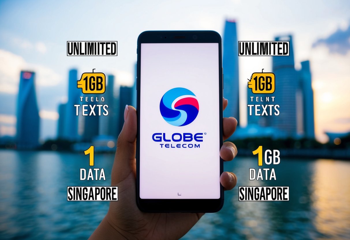 A smartphone with a Globe Telecom logo, surrounded by symbols for unlimited texts and 1GB data, against a Singapore backdrop