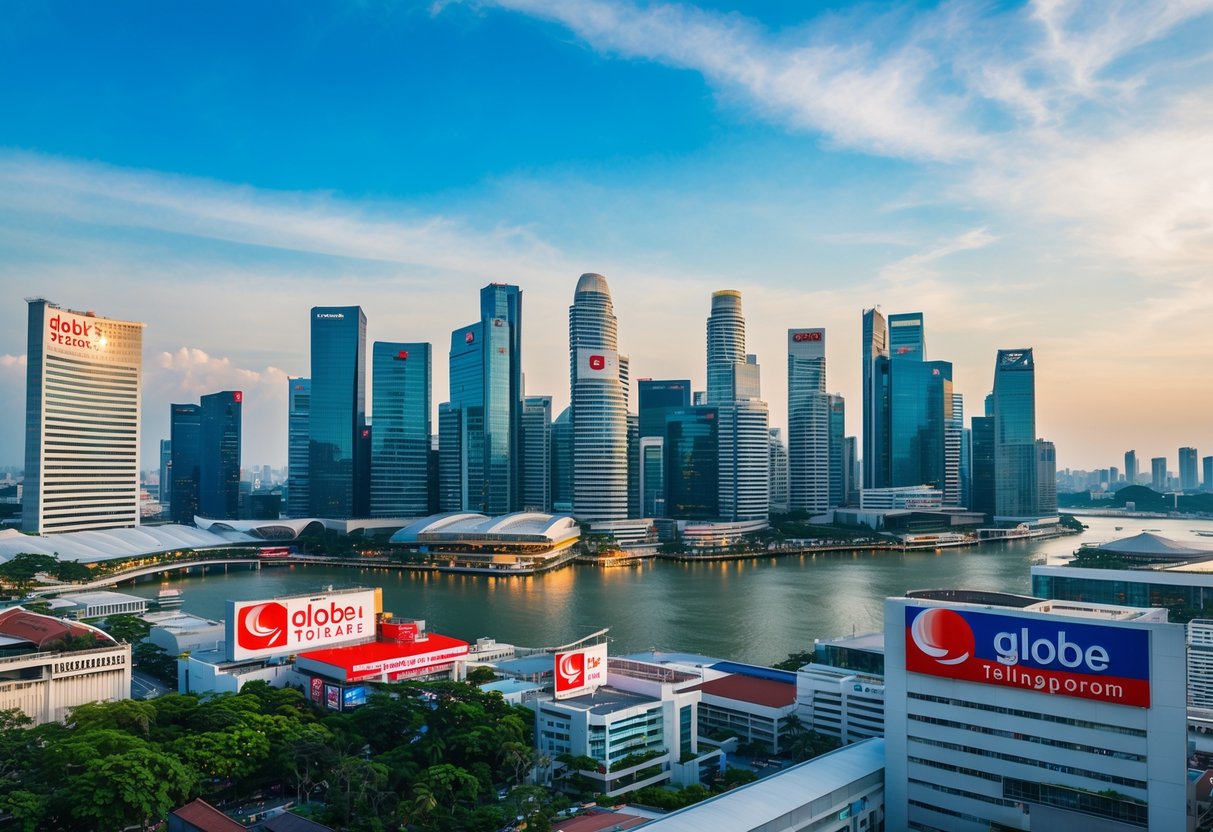 A bustling Singapore cityscape with prominent Globe Telecom branding and promotions displayed in various locations