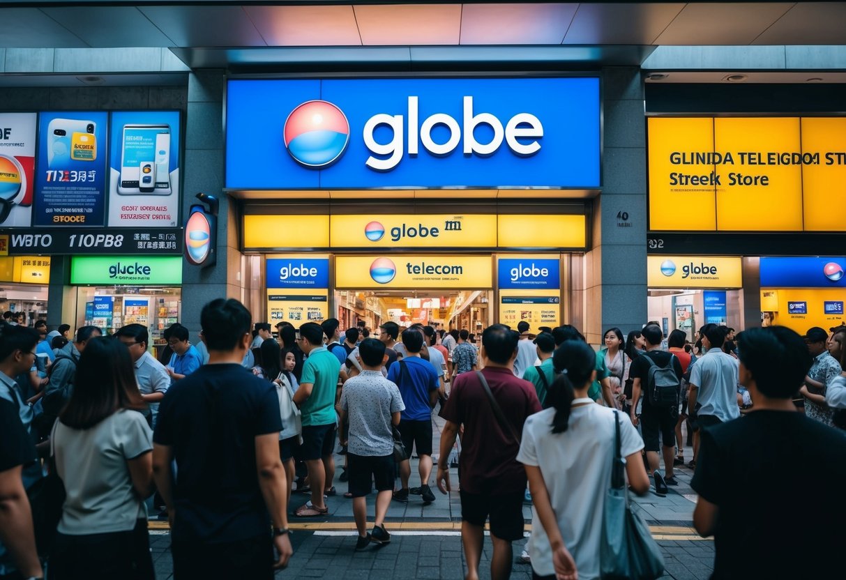 A crowded Singapore street with a prominent Globe Telecom store, surrounded by people and promotional materials