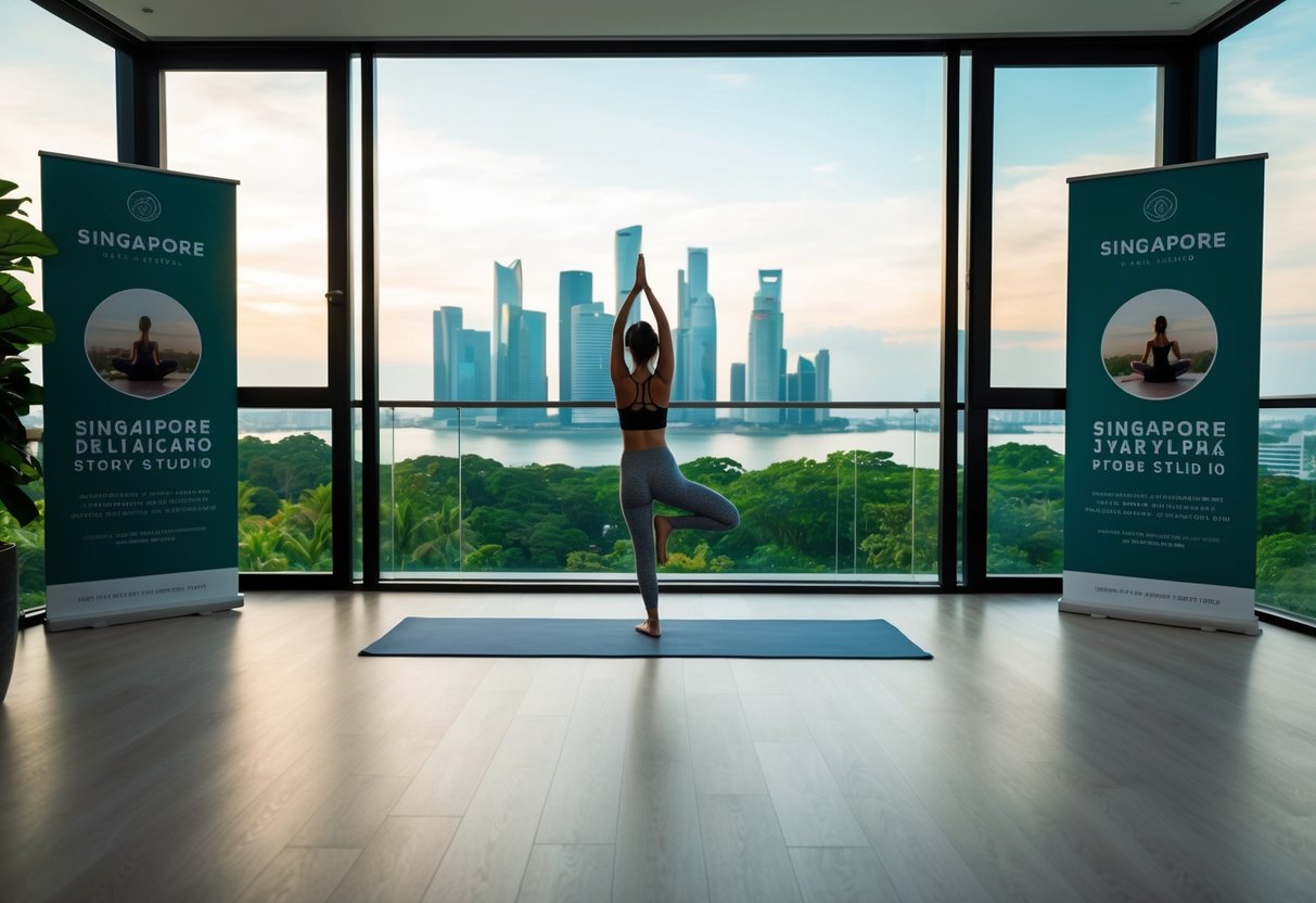 A serene yoga studio with a view of the Singapore skyline and lush greenery, featuring promotional banners and flyers