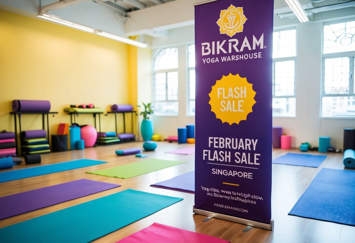 A brightly lit yoga studio filled with colorful mats and props, with a large banner displaying the Bikram Yoga Warehouse's February Flash Sale promotions in Singapore