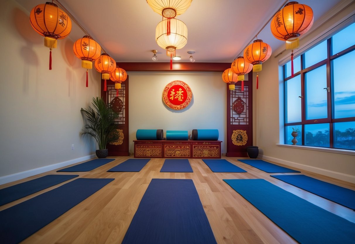 A serene studio adorned with traditional Lunar New Year decorations, with yoga mats arranged in a peaceful and inviting atmosphere