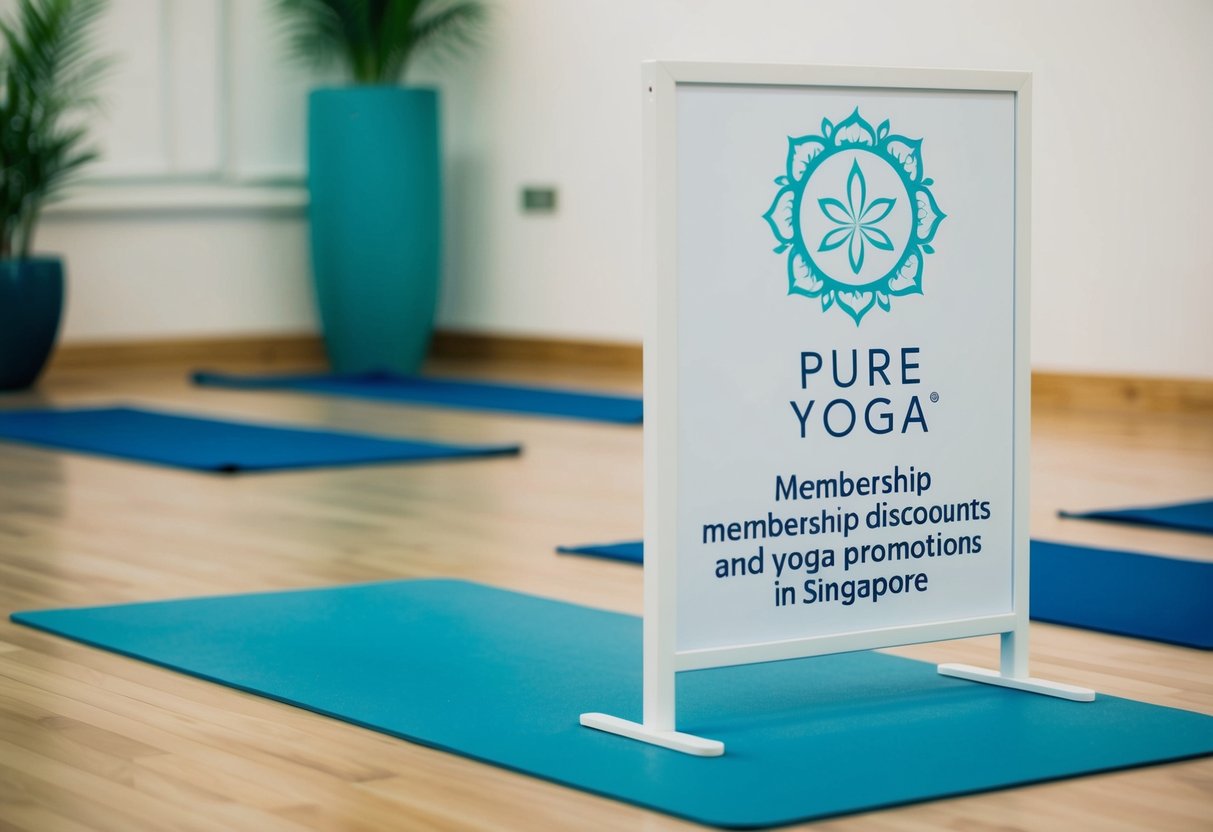 A serene yoga studio with a sign displaying Pure Yoga's Membership Discounts and yoga promotions in Singapore