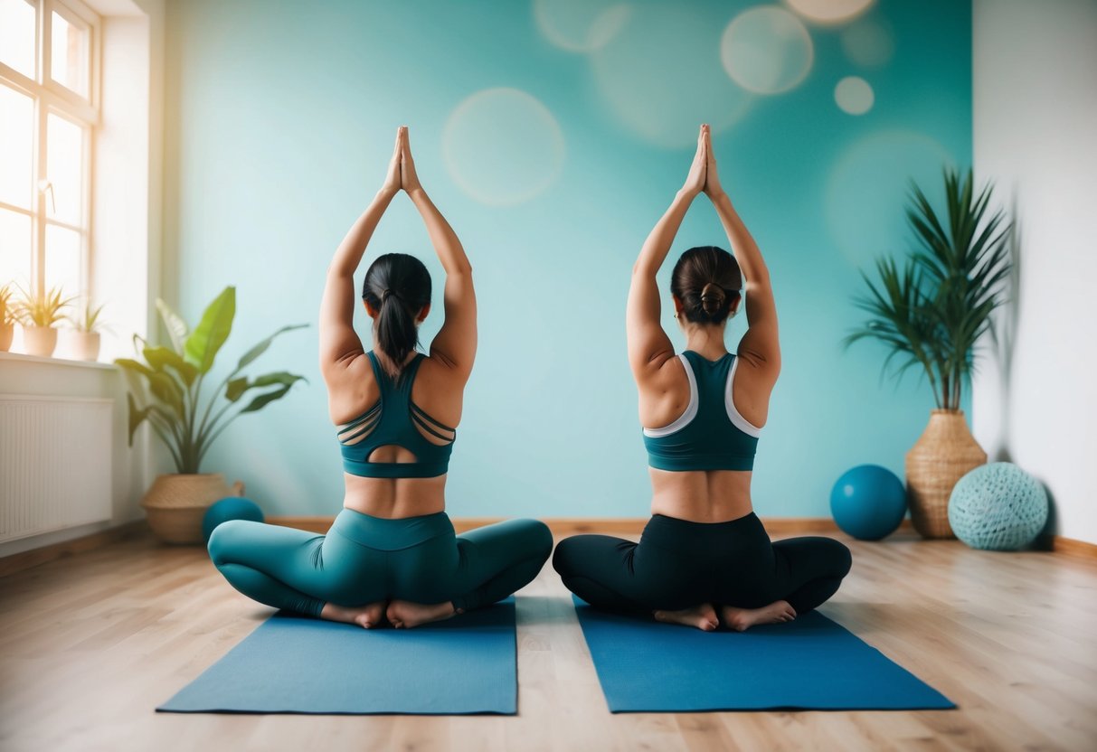 Two people practicing yoga together in a serene studio surrounded by calming colors and natural elements