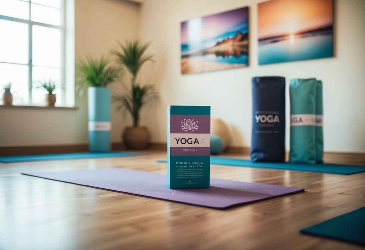 A serene yoga studio with promotional materials and calming decor