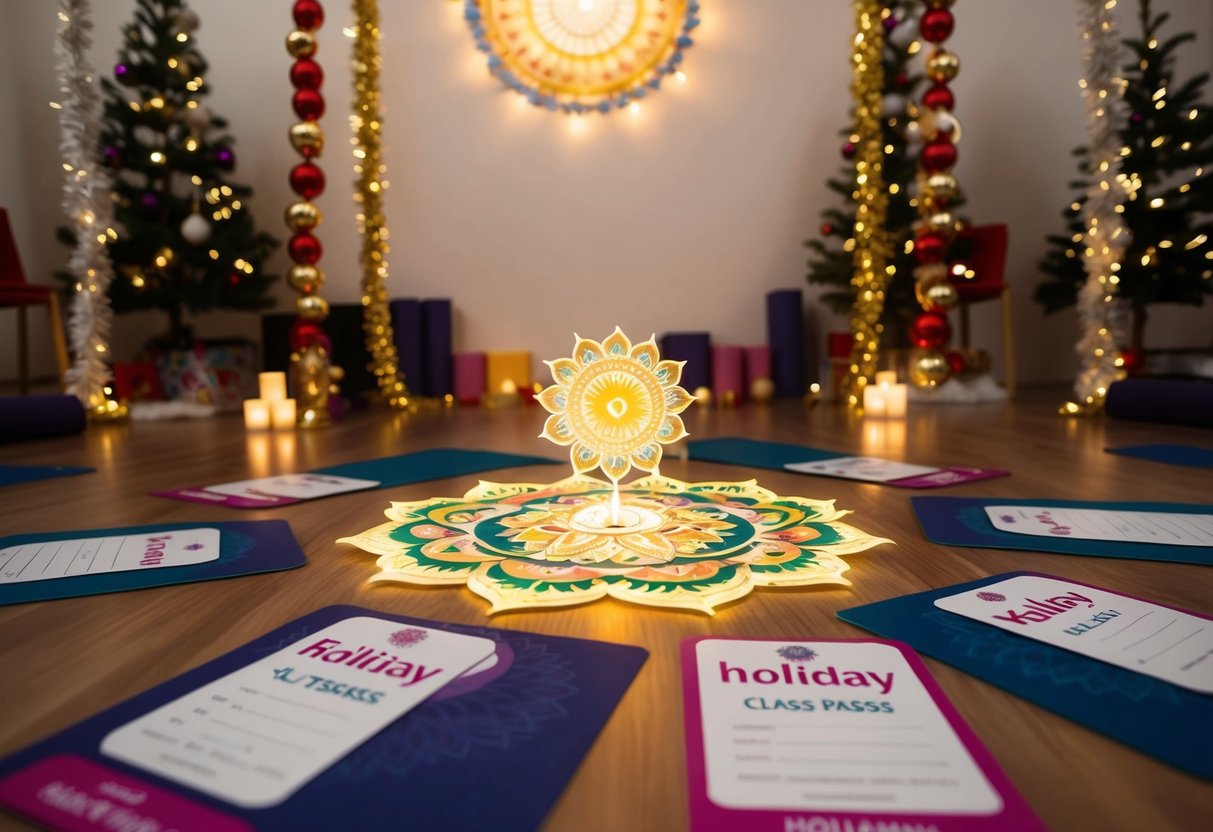 A serene yoga studio adorned with festive decorations, a glowing mandala at the center, surrounded by holiday class passes and promotional materials