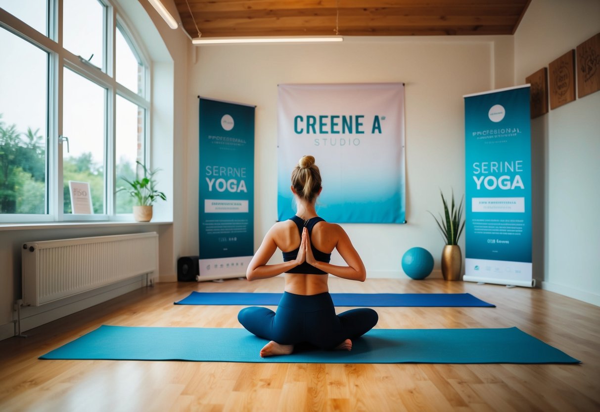 A serene yoga studio with promotional banners and flyers displayed