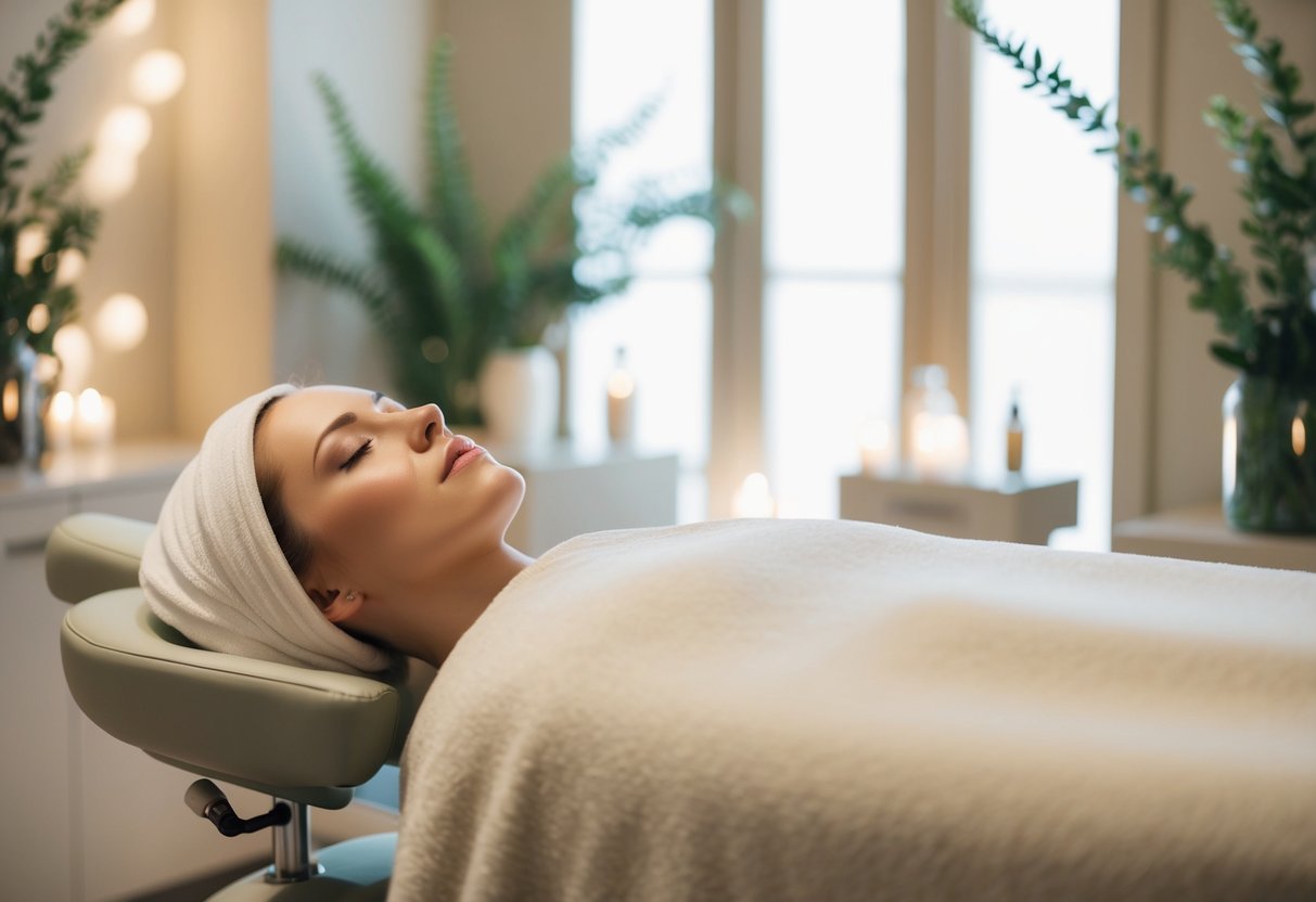 A serene spa room with soft lighting and a comfortable facial recliner, surrounded by soothing decor and botanical elements