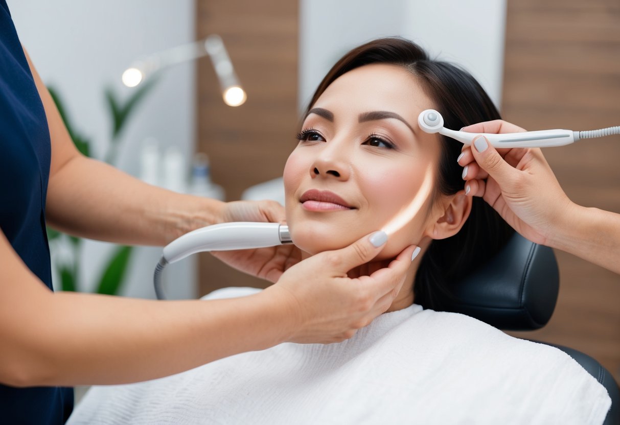 A woman receiving a lift-up face treatment at a derma aesthetic salon in Singapore