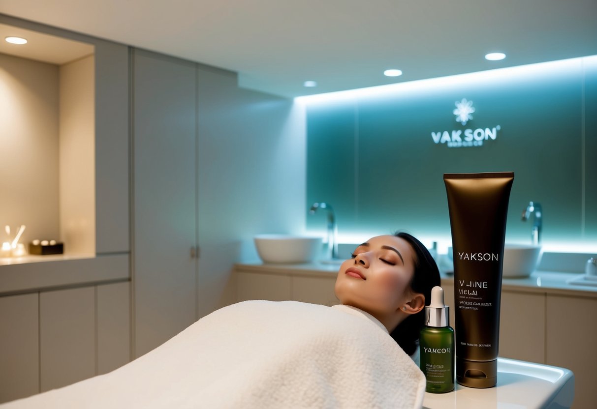 A serene spa setting with a sleek, modern interior. Soft lighting illuminates the Yakson signature V-line facial promotion in Singapore