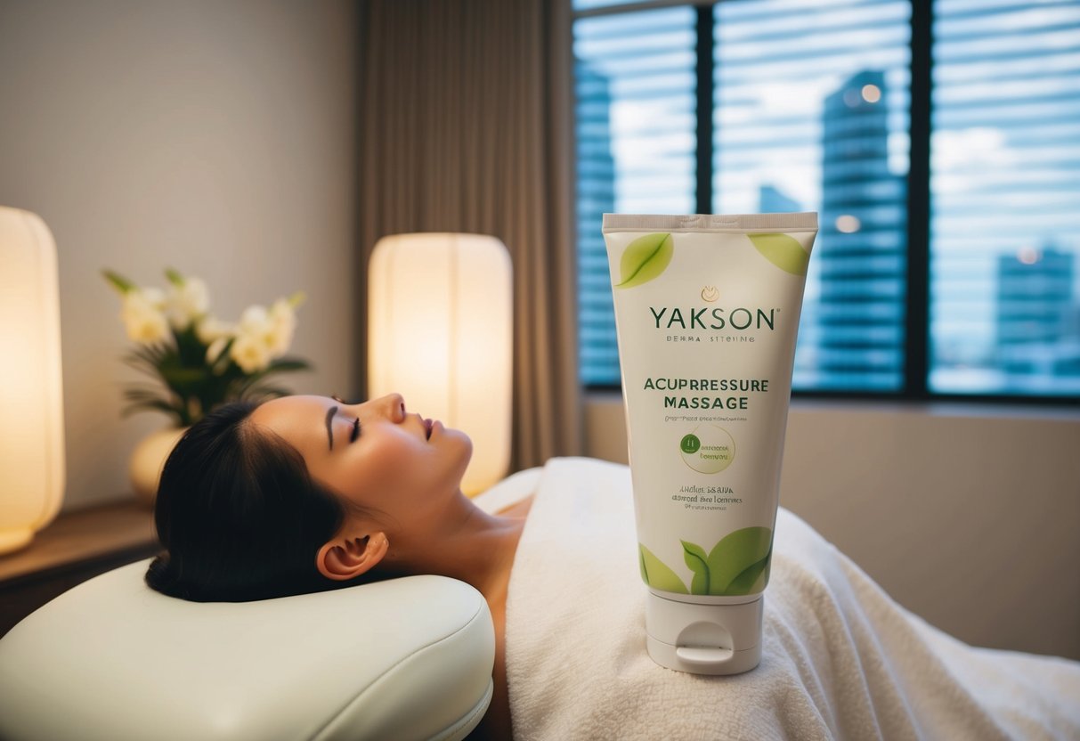 A serene setting with soft lighting and gentle music, showcasing a Yakson (derma aesthetic) promotion in Singapore through soothing acupressure massage