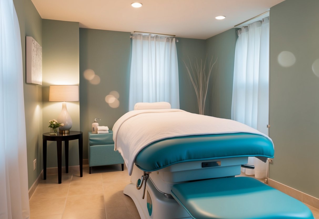 A serene spa room with soft lighting and a comfortable treatment bed, surrounded by soothing decor and calming ambiance