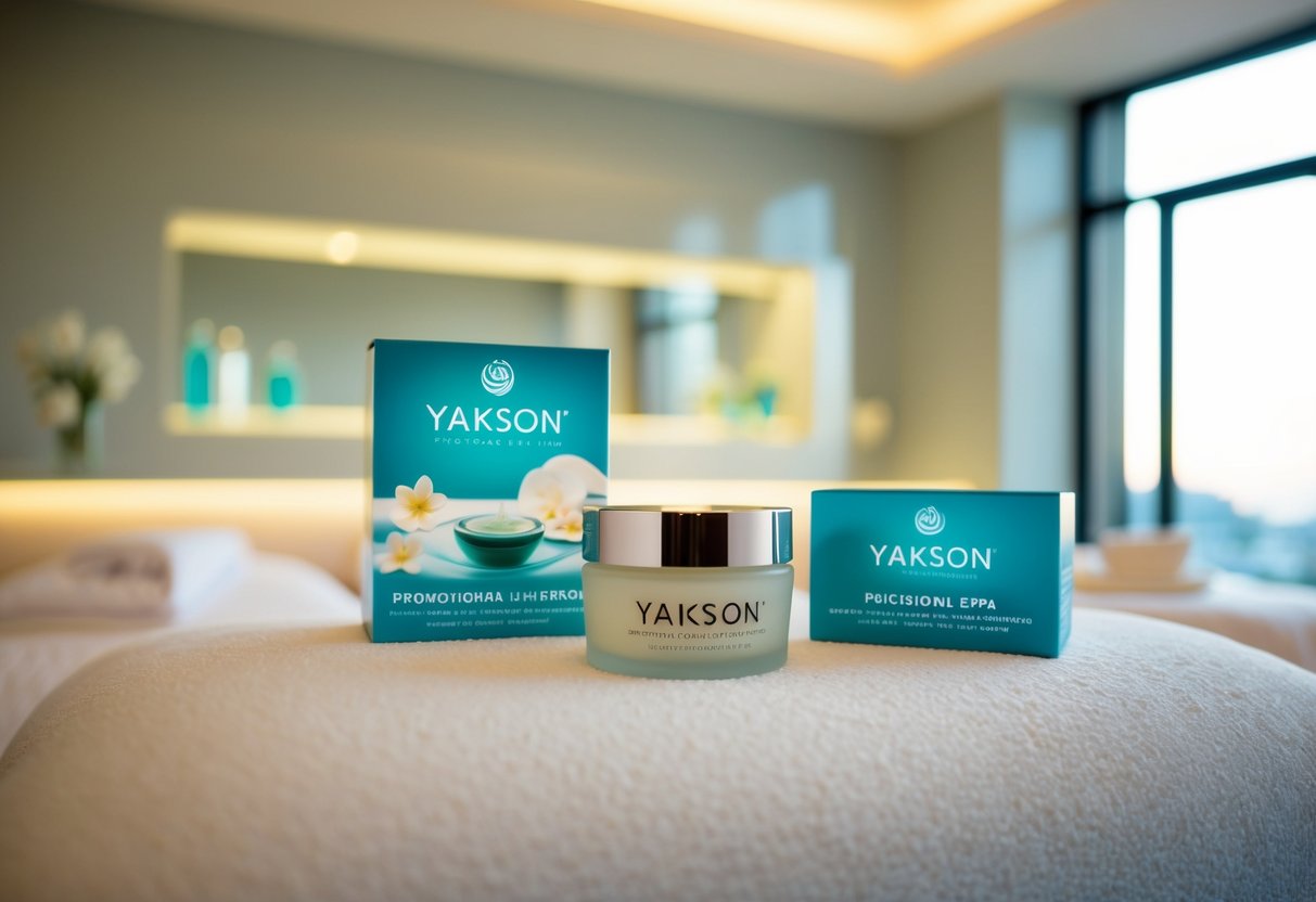 A serene spa environment with modern decor and soothing lighting, showcasing Yakson's promotional materials and products