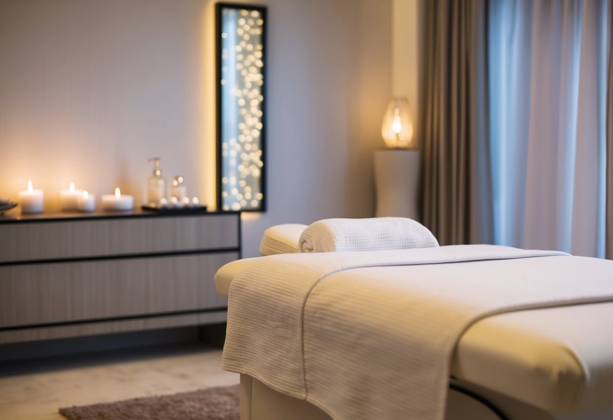 A serene spa room with a comfortable massage table, soft lighting, and soothing decor