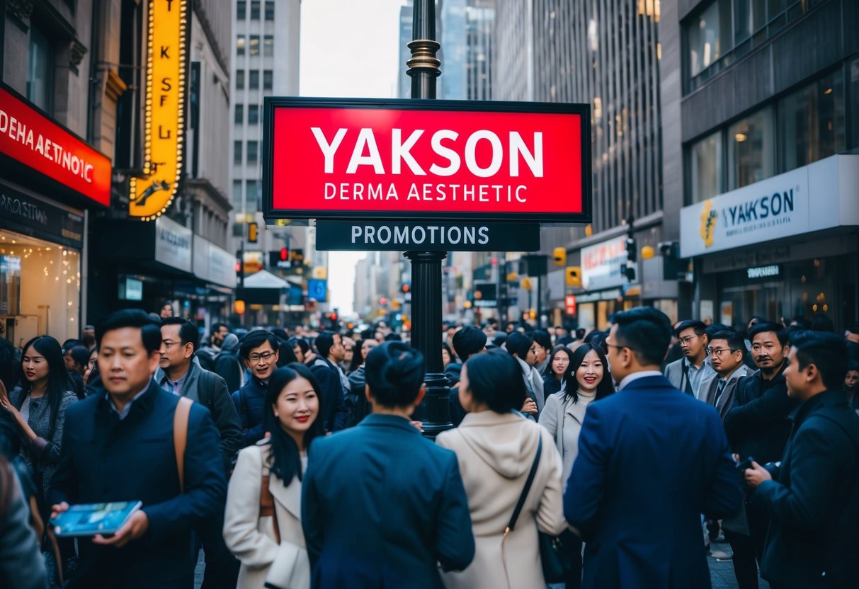 A bustling city street with a prominent Yakson (derma aesthetic) promotions sign, surrounded by curious onlookers