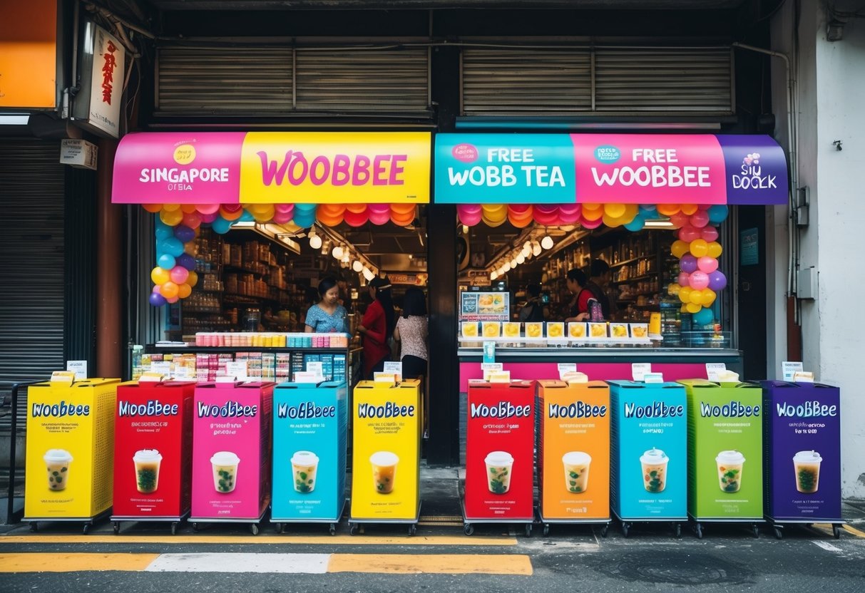 A vibrant street scene in Singapore with colorful Woobbee (bubble tea) promotions displayed outside a bustling shop