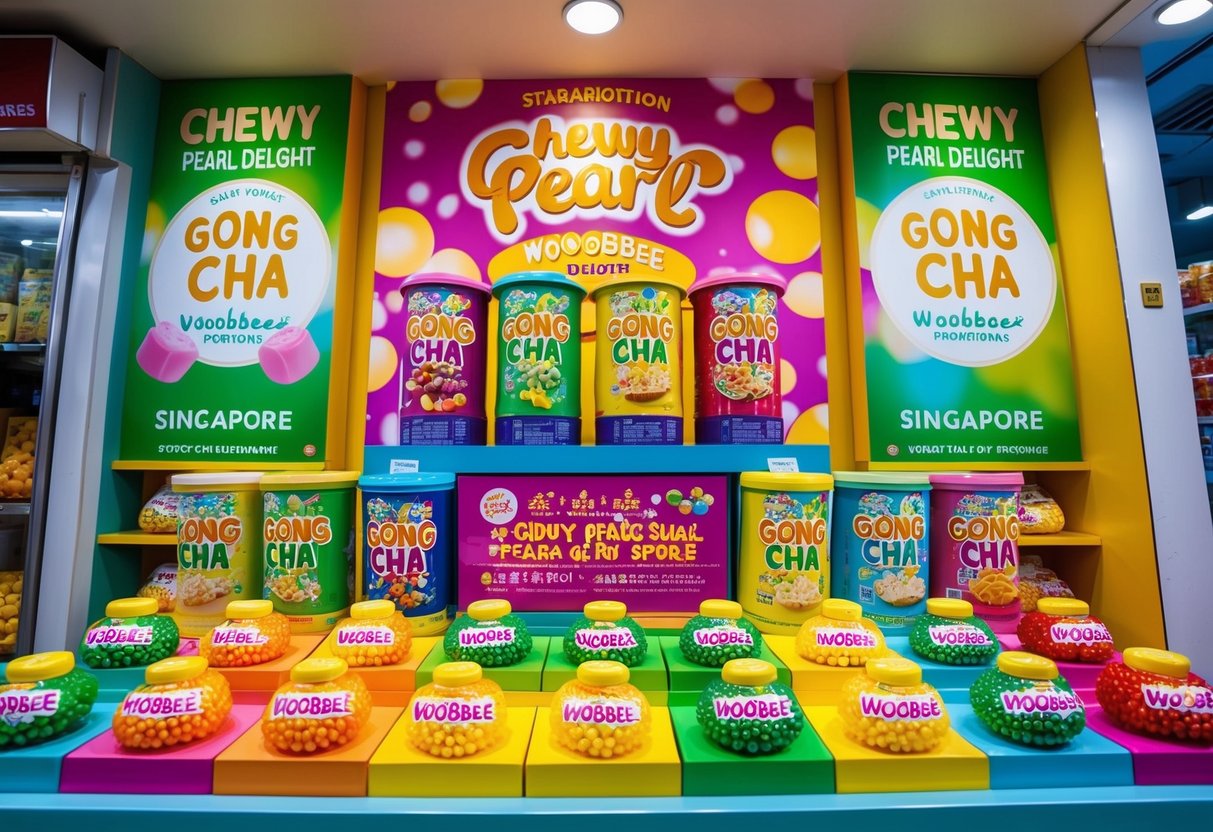 A colorful and vibrant Gong Cha store with a display of Chewy Pearl Delight woobbee promotions in Singapore