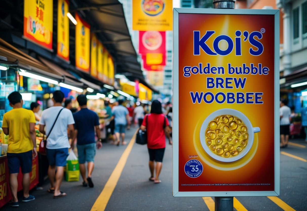 A bustling street market in Singapore, with colorful banners and a large sign for Koi's Golden Bubble Brew woobbee (bubble tea) promotions