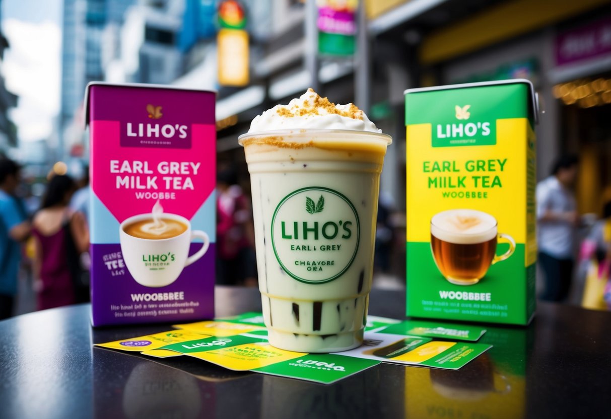 A refreshing cup of LiHO's Earl Grey Milk Tea woobbee, surrounded by vibrant promotional materials, set against the bustling streets of Singapore