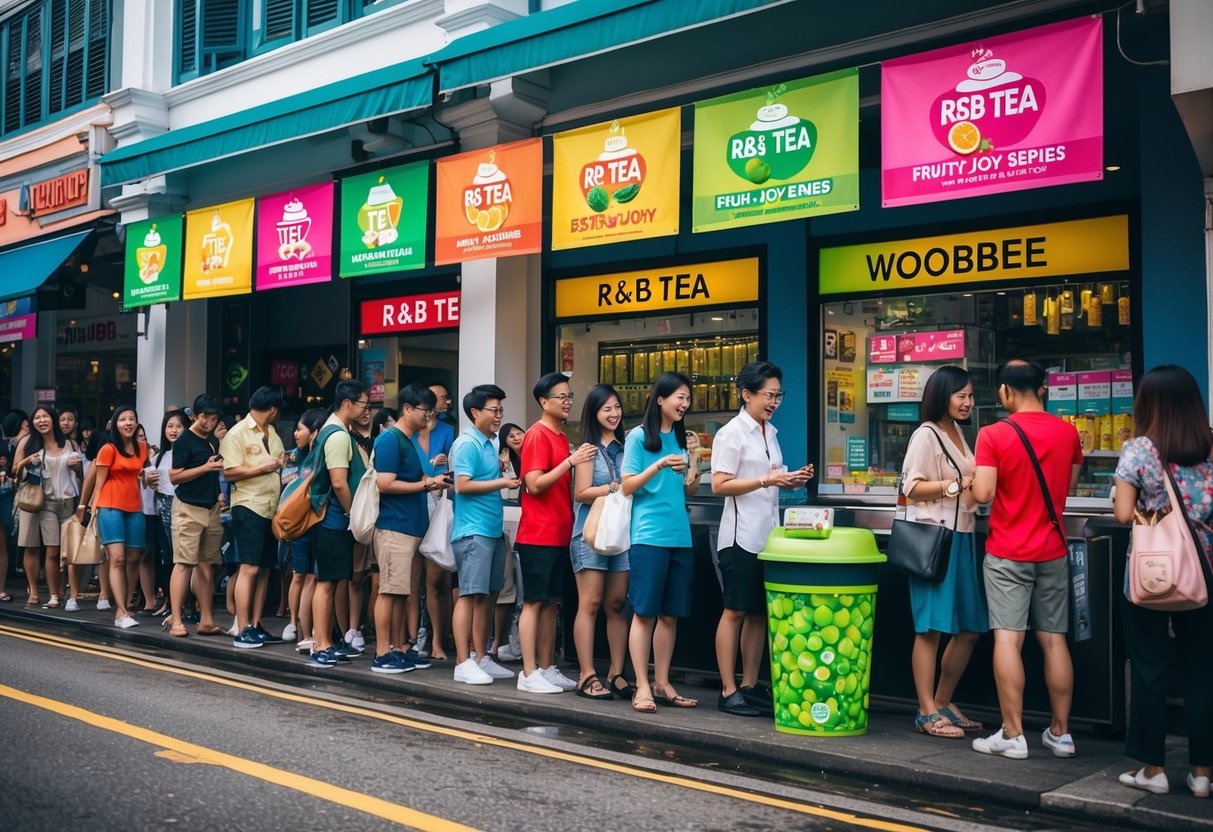 A vibrant, bustling street in Singapore with R&B Tea's Fruity Joy Series promotions displayed on colorful banners and posters. Customers eagerly line up for woobbee (bubble tea) outside the shop