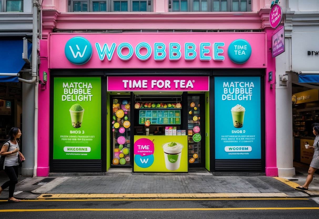 A vibrant scene of a bustling Singapore street with a colorful Woobbee bubble tea shop, featuring Time for Tea's Matcha Bubble Delight promotions