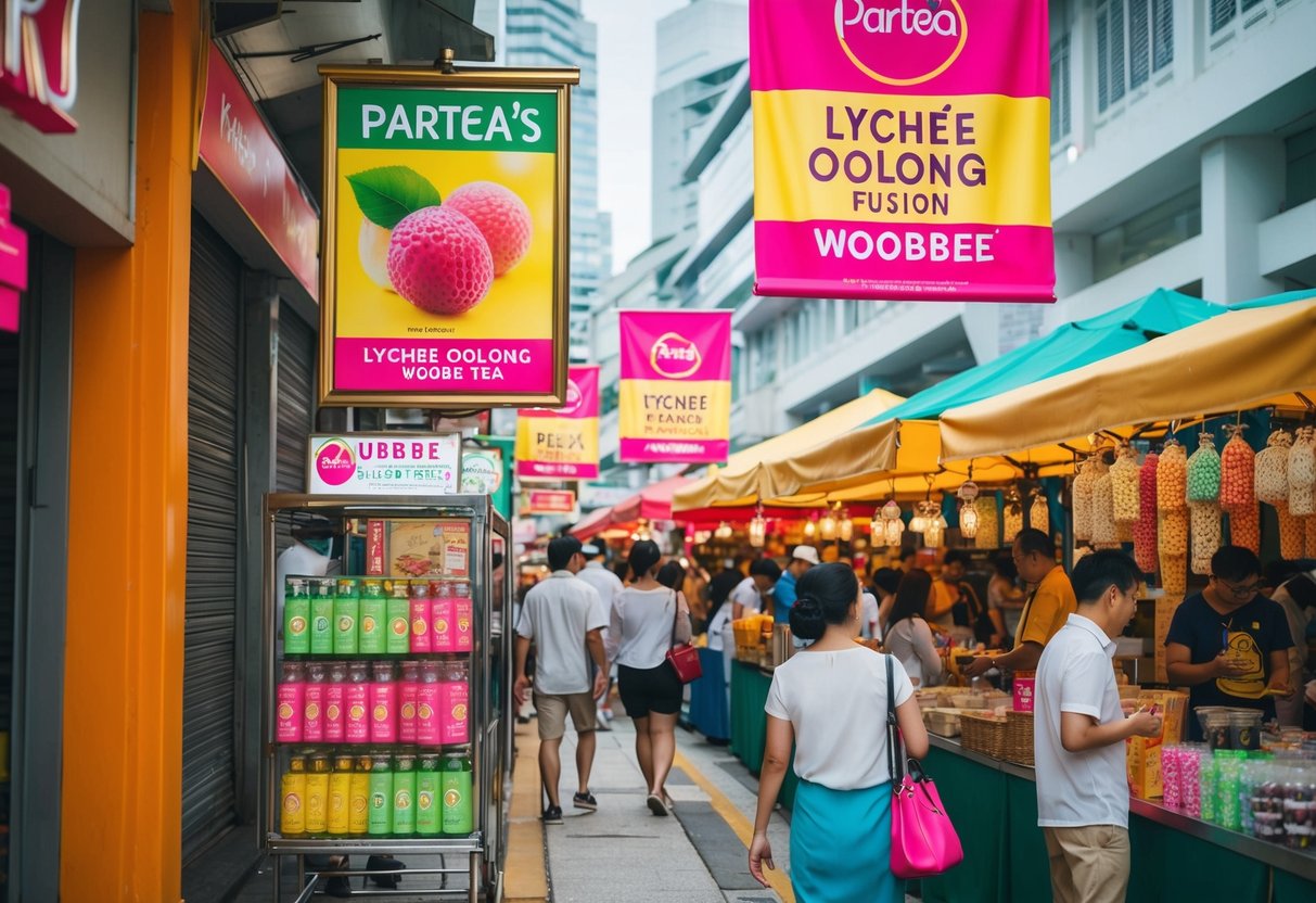 A vibrant, bustling street market in Singapore, with colorful banners and signs advertising Partea's Lychee Oolong Fusion woobbee (bubble tea) promotions