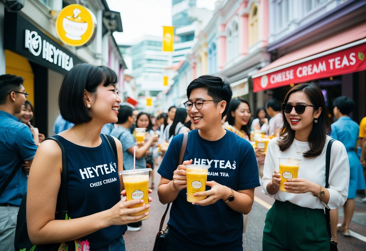 A colorful and vibrant street scene with people enjoying HeyTea's Cheese Cream Tease woobbee promotions in Singapore