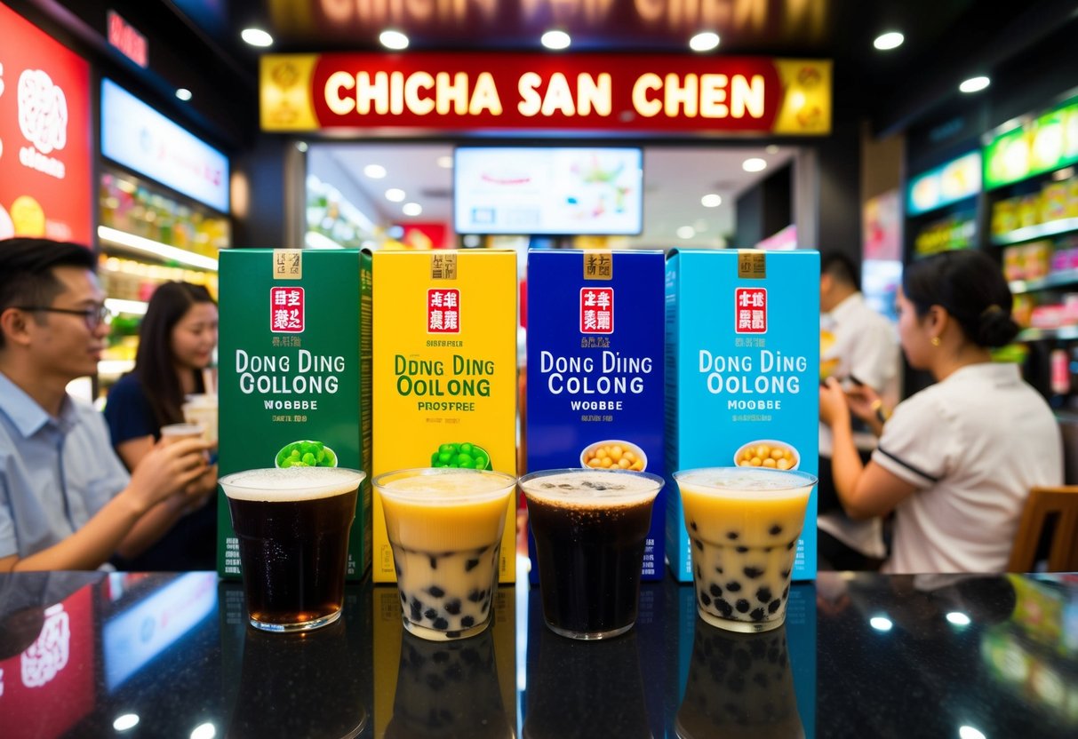 A bustling Chicha San Chen store in Singapore, with colorful Dong Ding Oolong woobbee promotions displayed prominently. Customers enjoy bubble tea in the background
