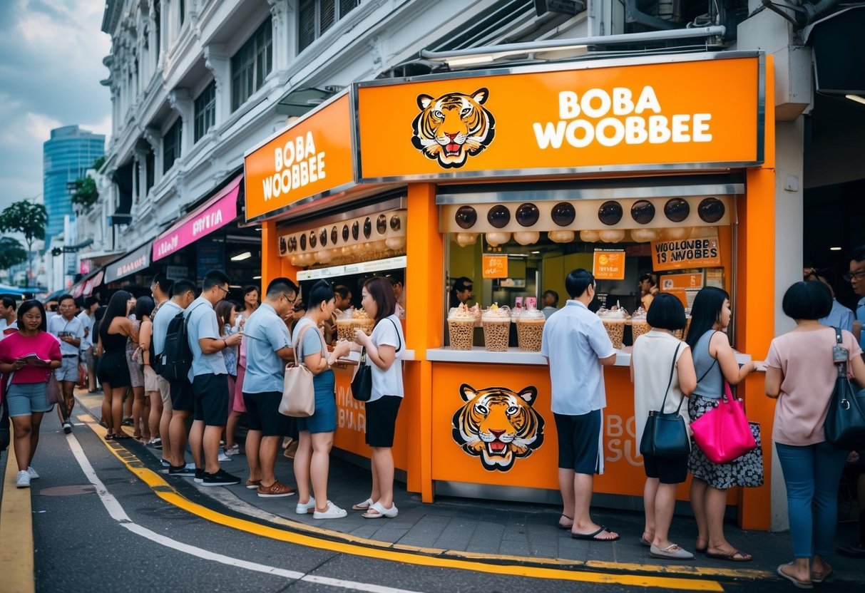 A bustling street corner with Tiger Sugar's iconic brown sugar boba woobbee (bubble tea) promotions in Singapore. Customers eagerly line up for their sweet, indulgent drinks