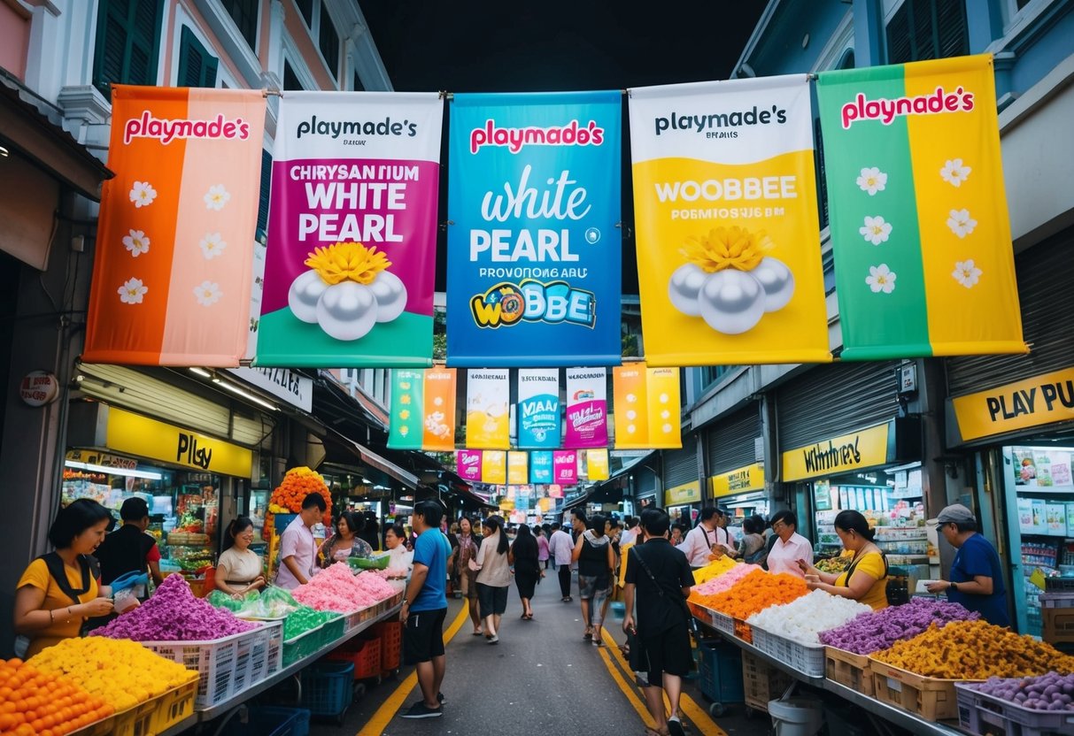 A bustling street market in Singapore, with colorful banners advertising Playmade's Chrysanthemum White Pearl woobbee promotions