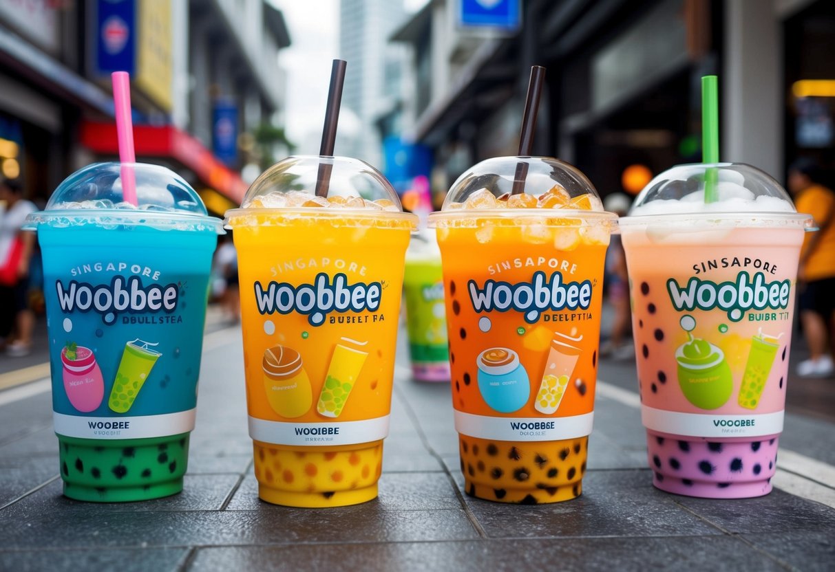 A bustling street in Singapore with colorful Woobbee bubble tea promotions, featuring unique and enticing drinks