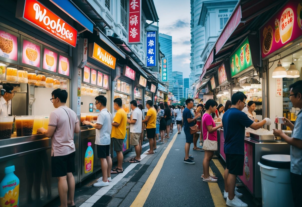 A bustling street in Singapore with colorful woobbee (bubble tea) promotions outside various shops. Customers line up for their favorite drinks, while vendors prepare the sweet, creamy beverages