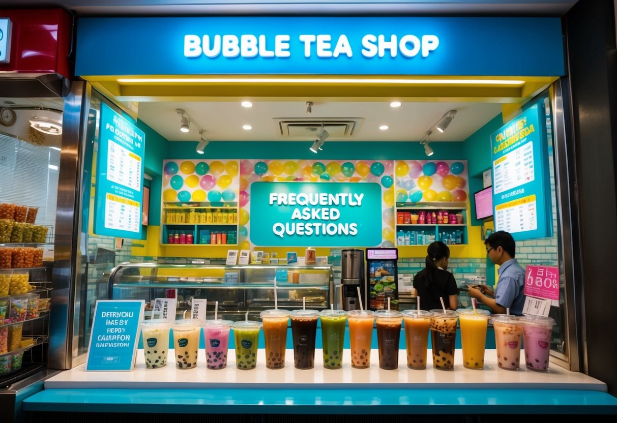 A colorful and bustling bubble tea shop in Singapore with a prominent "Frequently Asked Questions" section and various promotional materials on display