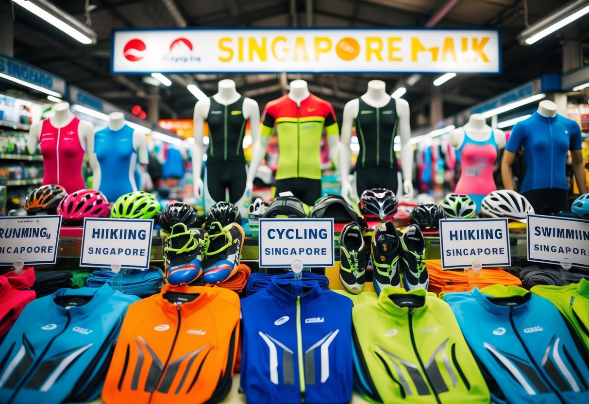 A vibrant display of cycling, running, hiking, and swimming gear with promotional signs in a bustling Singapore marketplace