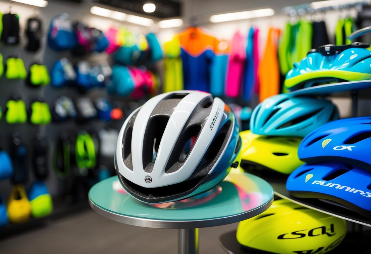 A sleek, aerodynamic road bike helmet displayed among vibrant cycling, running, hiking, and swimming gear in a Singaporean sports equipment store
