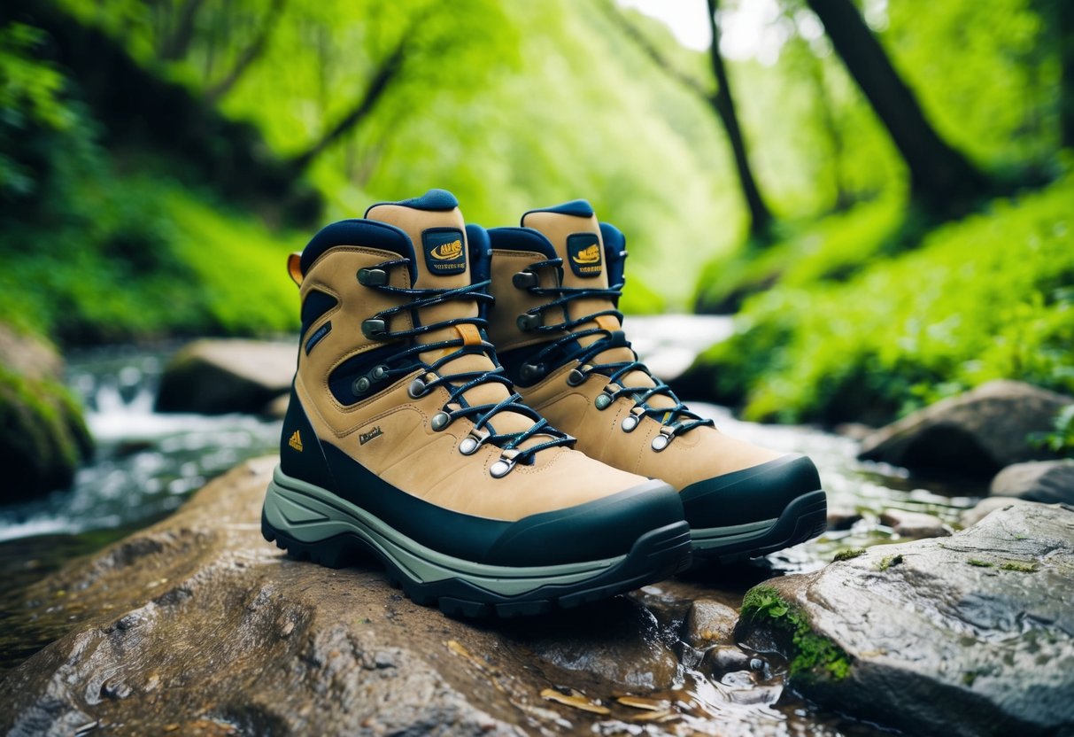 A pair of Wiggle Trail Waterproof Hiking Boots sitting on a rocky trail, surrounded by lush green trees and a flowing stream