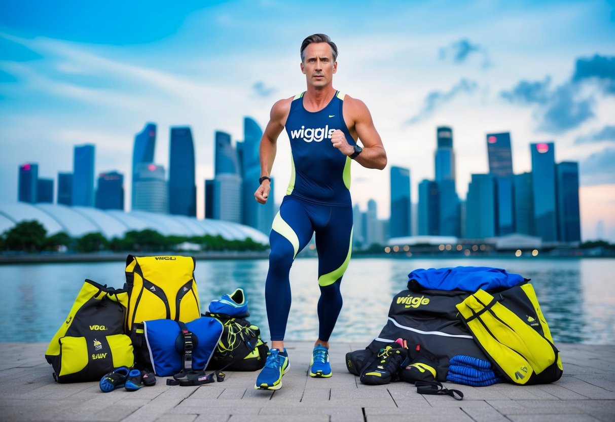 A runner wearing Wiggle Run Performance Compression Tights in a dynamic pose, surrounded by cycling, running, hiking, and swimming gear, with a Singapore skyline backdrop
