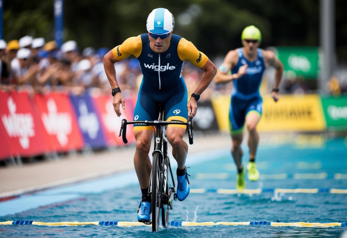A triathlete wearing a Wiggle Endurance Sleeveless Tri Suit competes in a race, transitioning from cycling to running to swimming in Singapore
