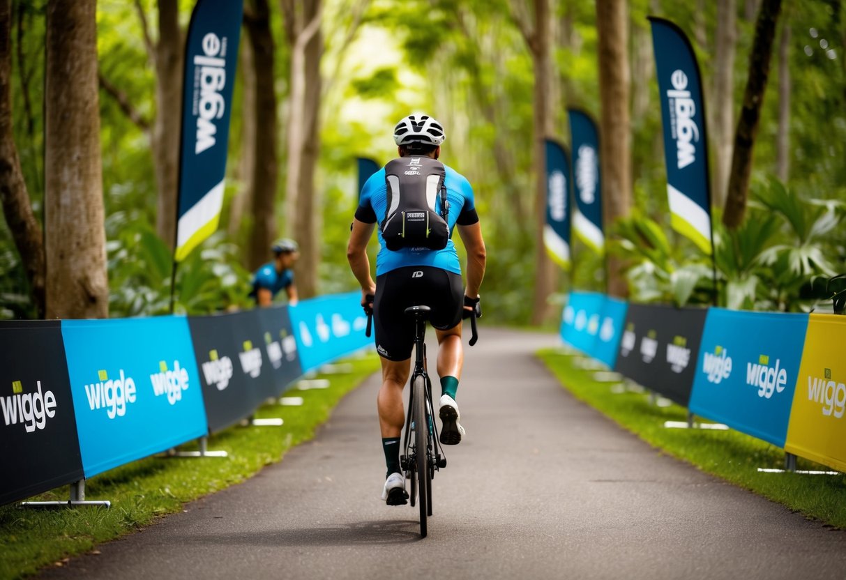 A cyclist runs through a lush, green forest with the Wiggle Aero Hydration Backpack strapped on, surrounded by gear and promotional banners in Singapore