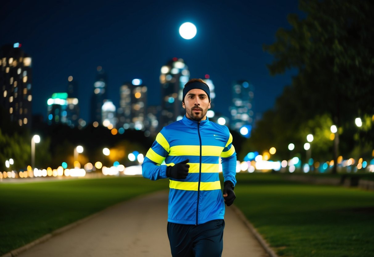 A runner wearing a reflective night run jacket running through a city park at night, with city lights and a moon in the background
