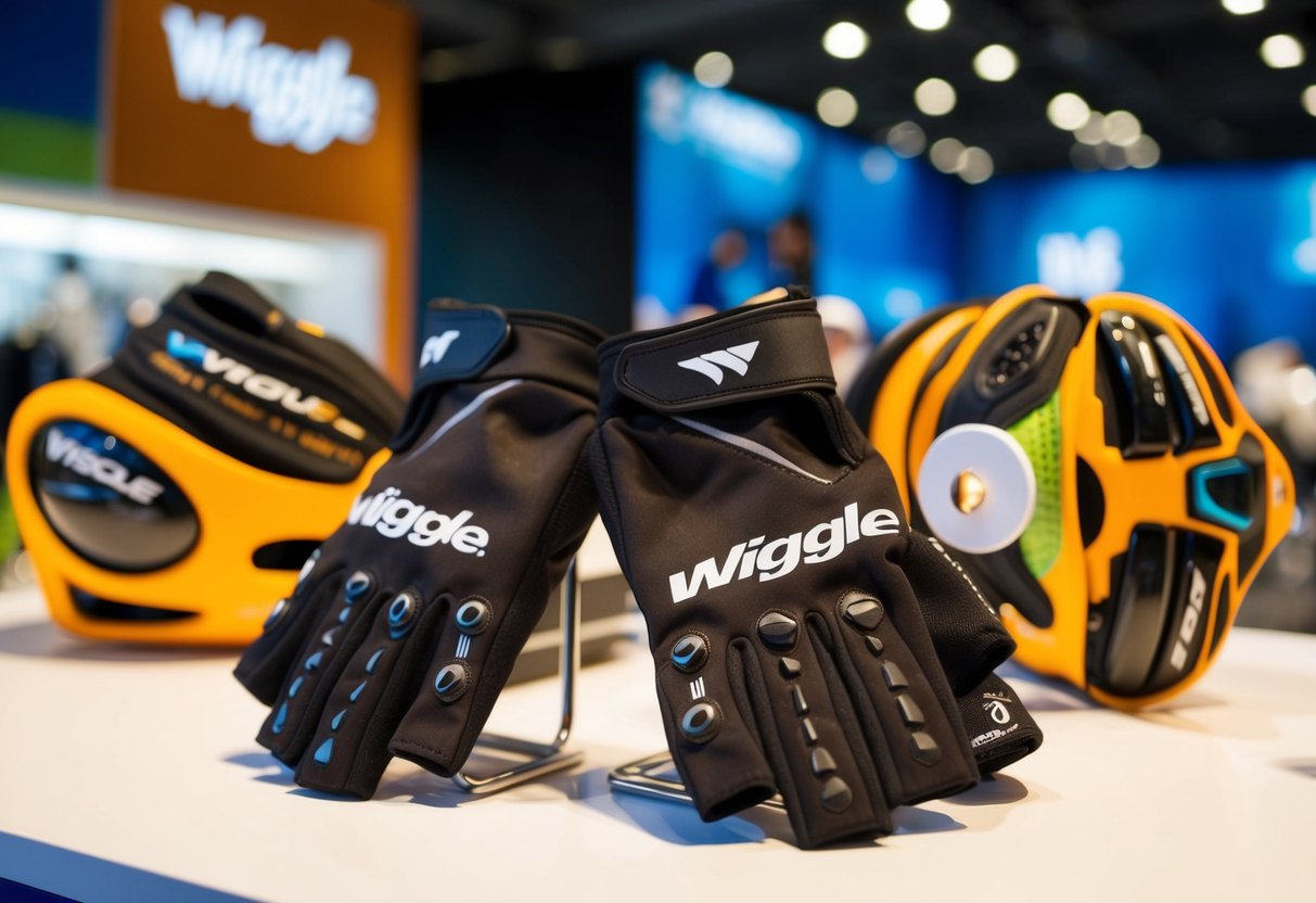 A pair of Wiggle Quick Dry Cycling Gloves displayed alongside other outdoor sports gear in a Singaporean promotional setting